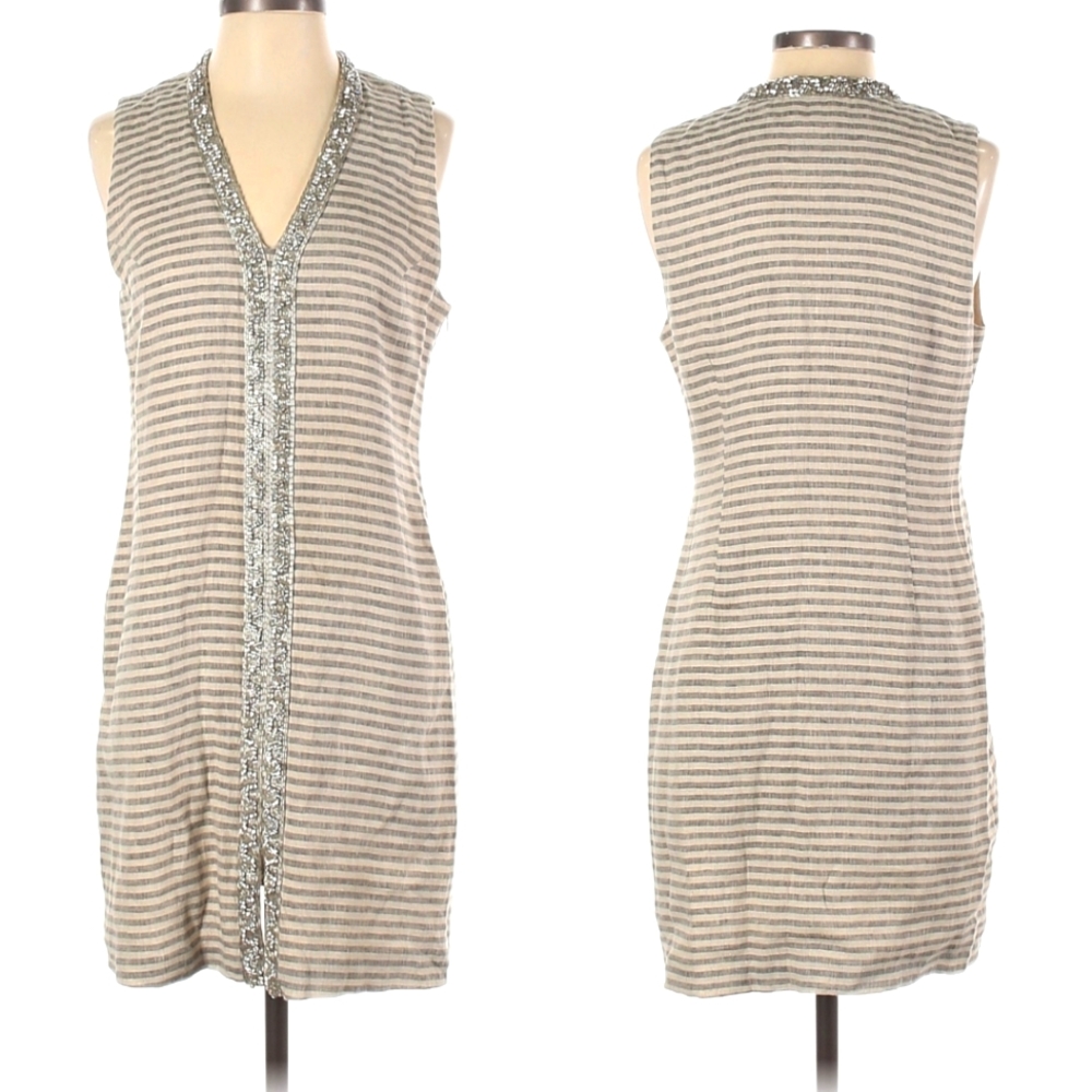 KOCH Linen Shift Dress - Stripe Print Metallic Jeweled Neckline Sleeveless Tunic